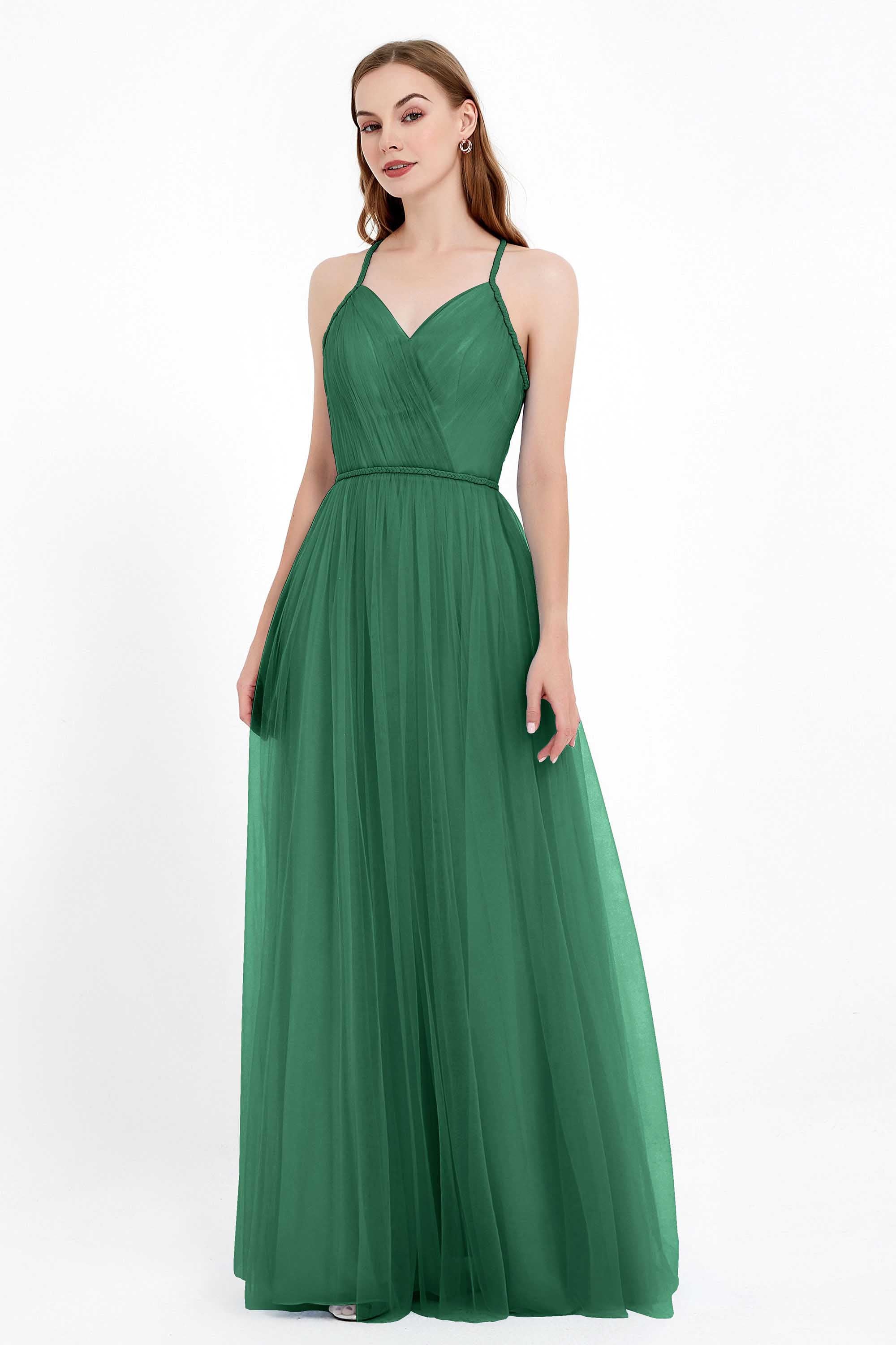 V Neck Tulle Spaghetti Straps Bridesmaid Dress Long Formal Evening Prom Dresses Gowns