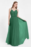 V Neck Tulle Spaghetti Straps Bridesmaid Dress Long Formal Evening Prom Dresses Gowns