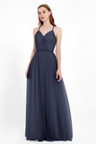 V Neck Tulle Spaghetti Straps Bridesmaid Dress Long Formal Evening Prom Dresses Gowns