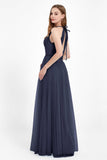 V Neck Tulle Spaghetti Straps Bridesmaid Dress Long Formal Evening Prom Dresses Gowns