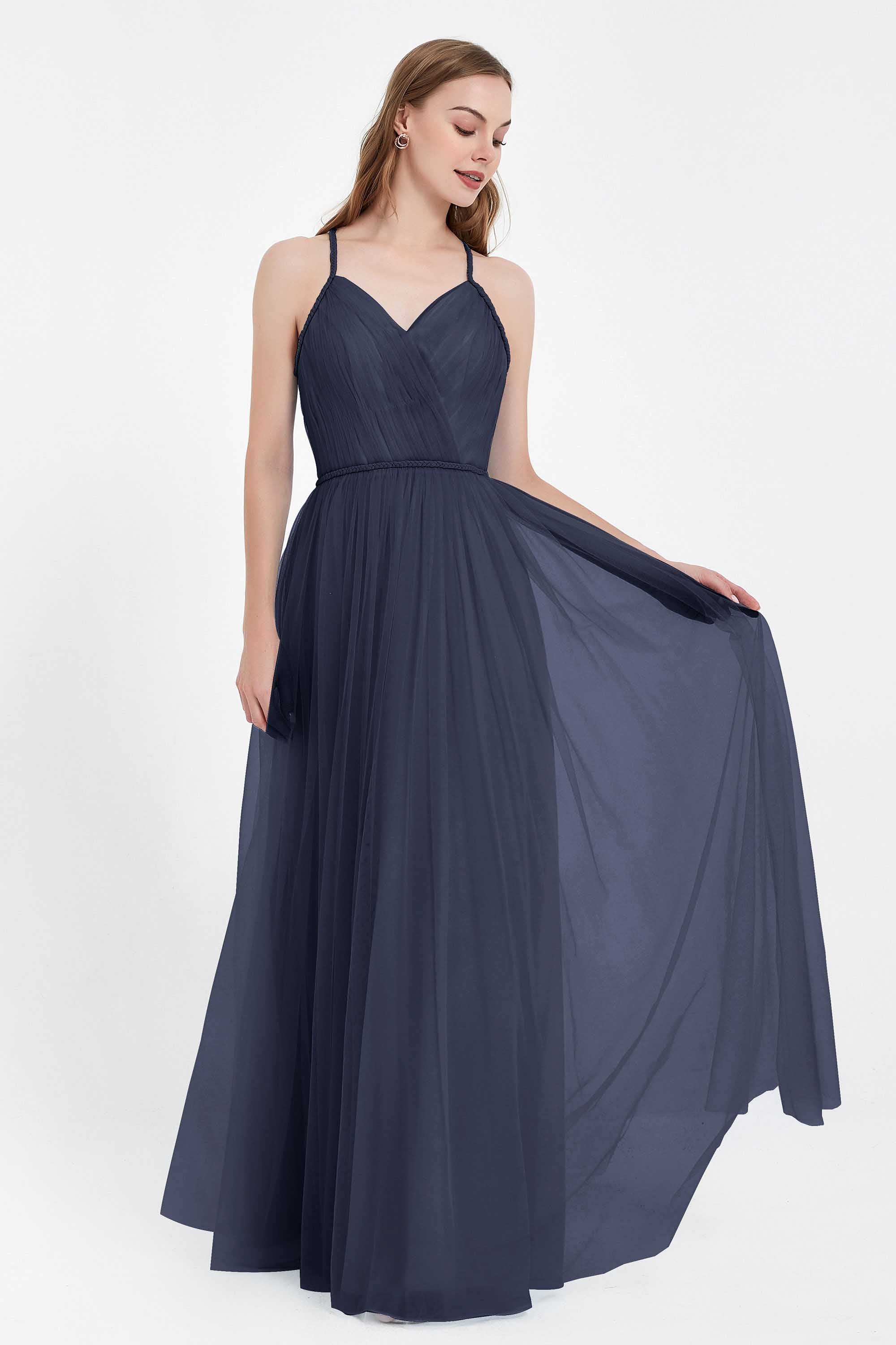 V Neck Tulle Spaghetti Straps Bridesmaid Dress Long Formal Evening Prom Dresses Gowns
