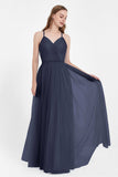 V Neck Tulle Spaghetti Straps Bridesmaid Dress Long Formal Evening Prom Dresses Gowns