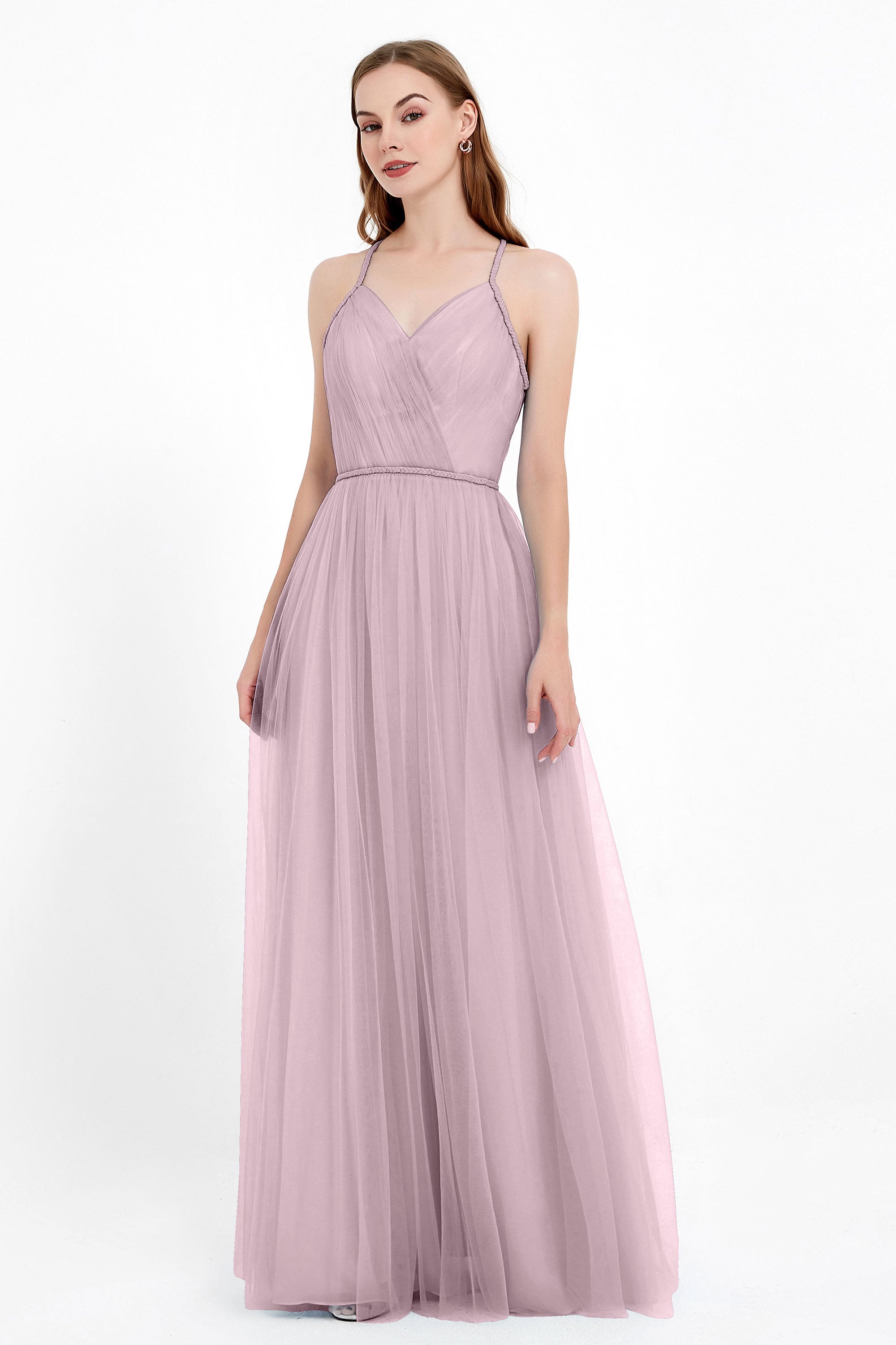 V Neck Tulle Spaghetti Straps Bridesmaid Dress Long Formal Evening Prom Dresses Gowns