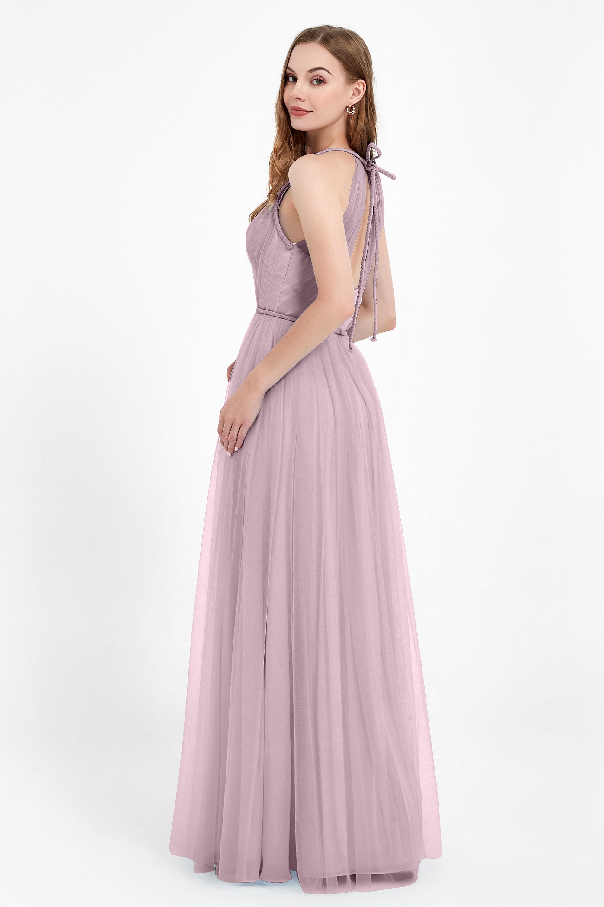 V Neck Tulle Spaghetti Straps Bridesmaid Dress Long Formal Evening Prom Dresses Gowns