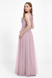 V Neck Tulle Spaghetti Straps Bridesmaid Dress Long Formal Evening Prom Dresses Gowns