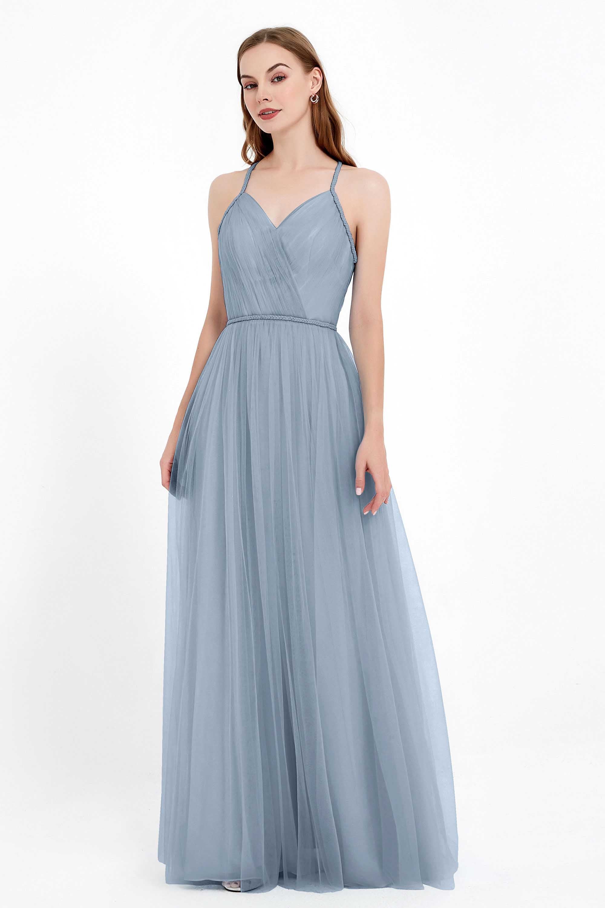 V Neck Tulle Spaghetti Straps Bridesmaid Dress Long Formal Evening Prom Dresses Gowns