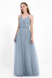 V Neck Tulle Spaghetti Straps Bridesmaid Dress Long Formal Evening Prom Dresses Gowns