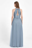 V Neck Tulle Spaghetti Straps Bridesmaid Dress Long Formal Evening Prom Dresses Gowns