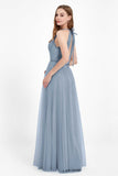V Neck Tulle Spaghetti Straps Bridesmaid Dress Long Formal Evening Prom Dresses Gowns