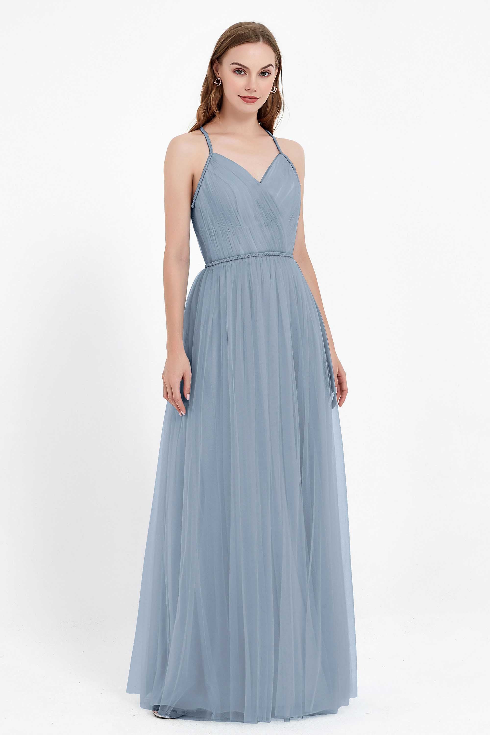 V Neck Tulle Spaghetti Straps Bridesmaid Dress Long Formal Evening Prom Dresses Gowns