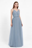 V Neck Tulle Spaghetti Straps Bridesmaid Dress Long Formal Evening Prom Dresses Gowns