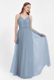 V Neck Tulle Spaghetti Straps Bridesmaid Dress Long Formal Evening Prom Dresses Gowns