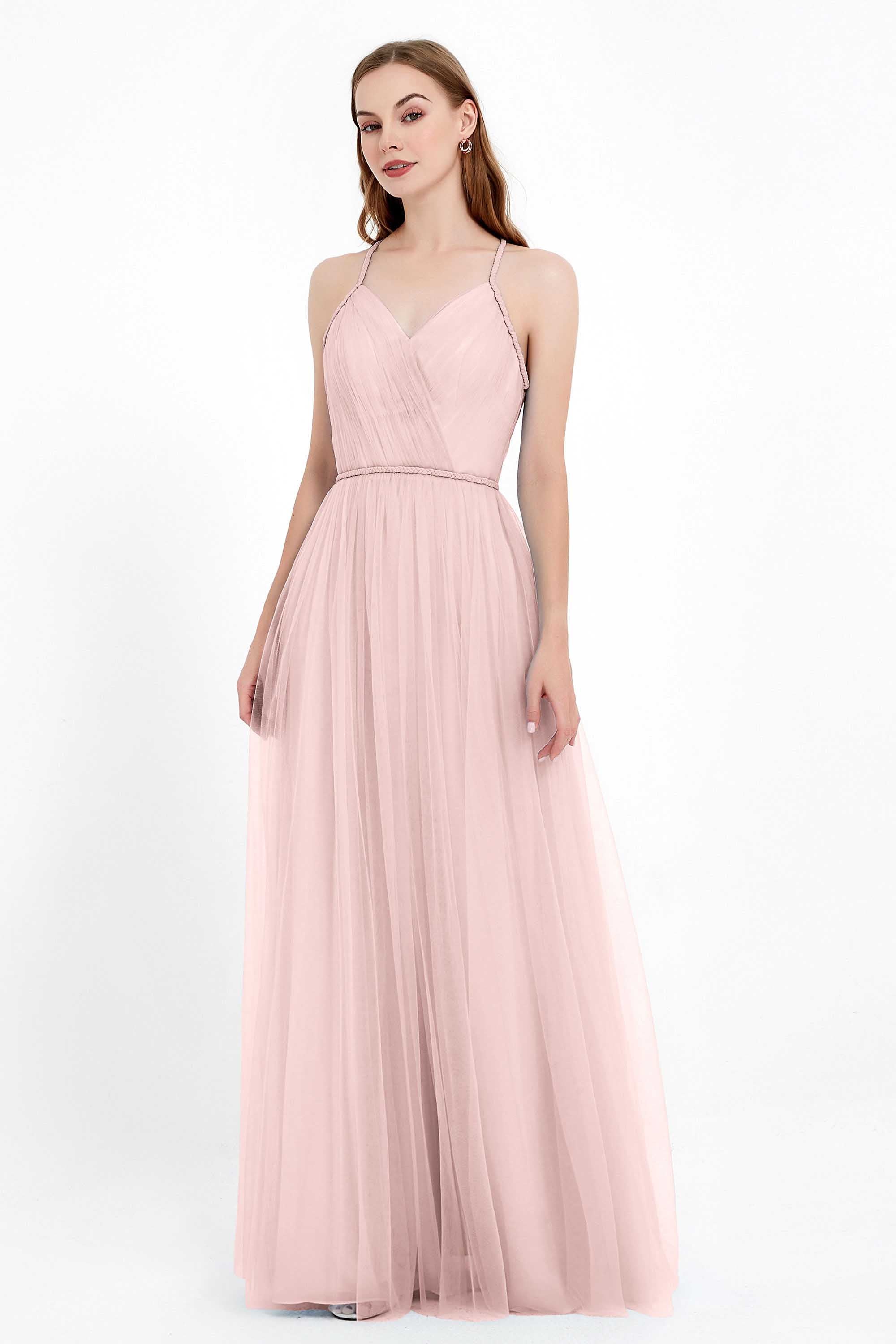 V Neck Tulle Spaghetti Straps Bridesmaid Dress Long Formal Evening Prom Dresses Gowns
