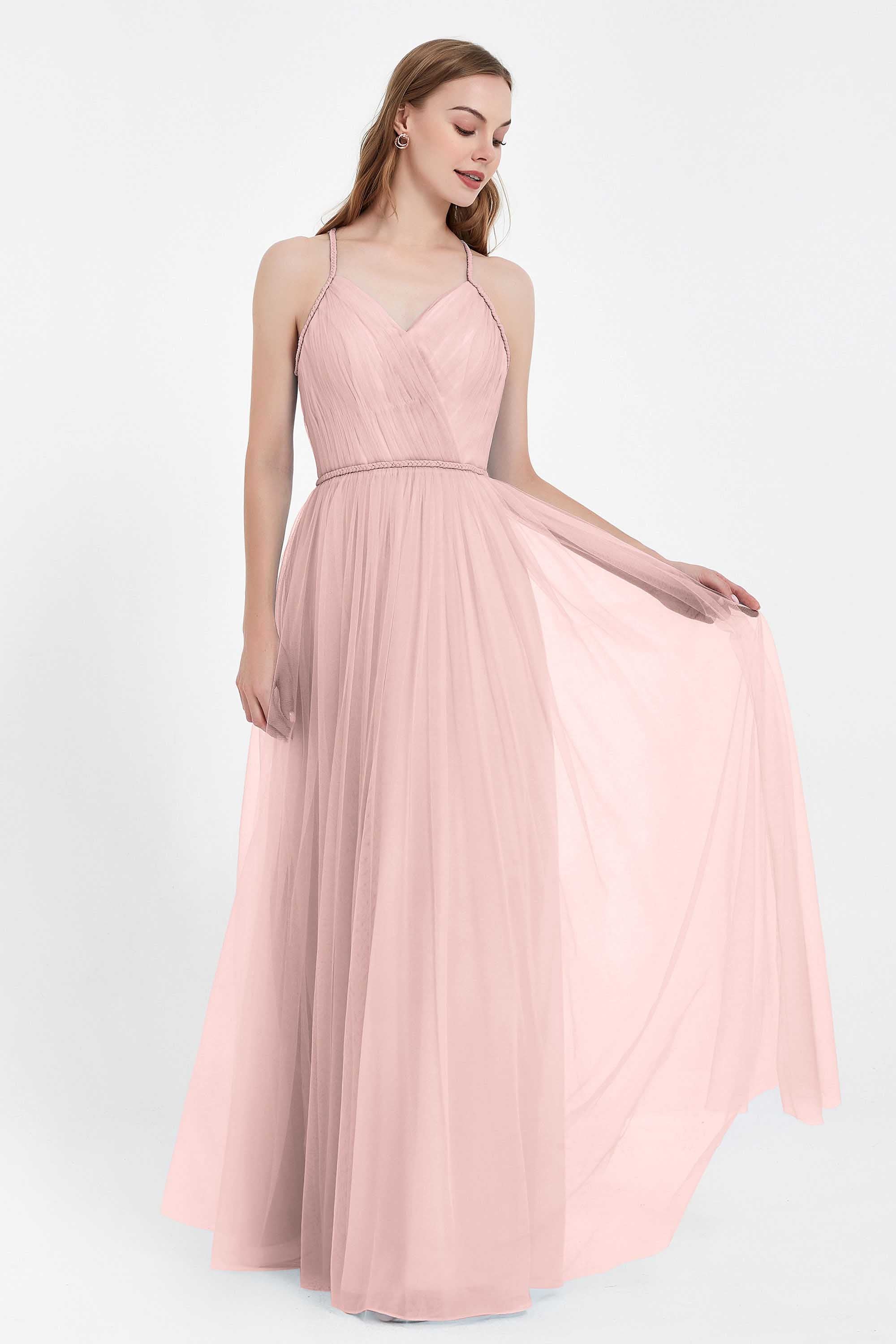 V Neck Tulle Spaghetti Straps Bridesmaid Dress Long Formal Evening Prom Dresses Gowns