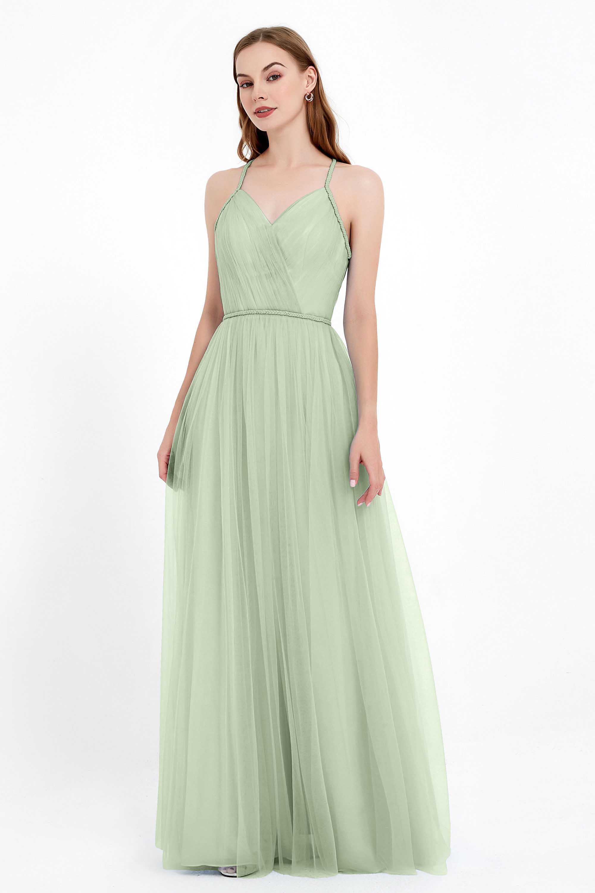 V Neck Tulle Spaghetti Straps Bridesmaid Dress Long Formal Evening Prom Dresses Gowns