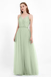 V Neck Tulle Spaghetti Straps Bridesmaid Dress Long Formal Evening Prom Dresses Gowns
