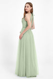 V Neck Tulle Spaghetti Straps Bridesmaid Dress Long Formal Evening Prom Dresses Gowns
