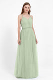 V Neck Tulle Spaghetti Straps Bridesmaid Dress Long Formal Evening Prom Dresses Gowns