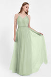 V Neck Tulle Spaghetti Straps Bridesmaid Dress Long Formal Evening Prom Dresses Gowns