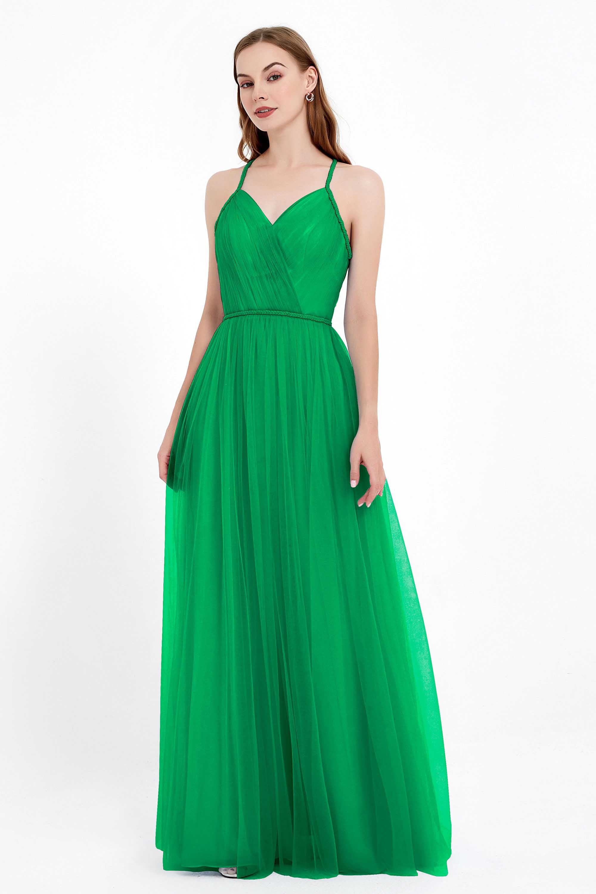 V Neck Tulle Spaghetti Straps Bridesmaid Dress Long Formal Evening Prom Dresses Gowns