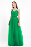 V Neck Tulle Spaghetti Straps Bridesmaid Dress Long Formal Evening Prom Dresses Gowns