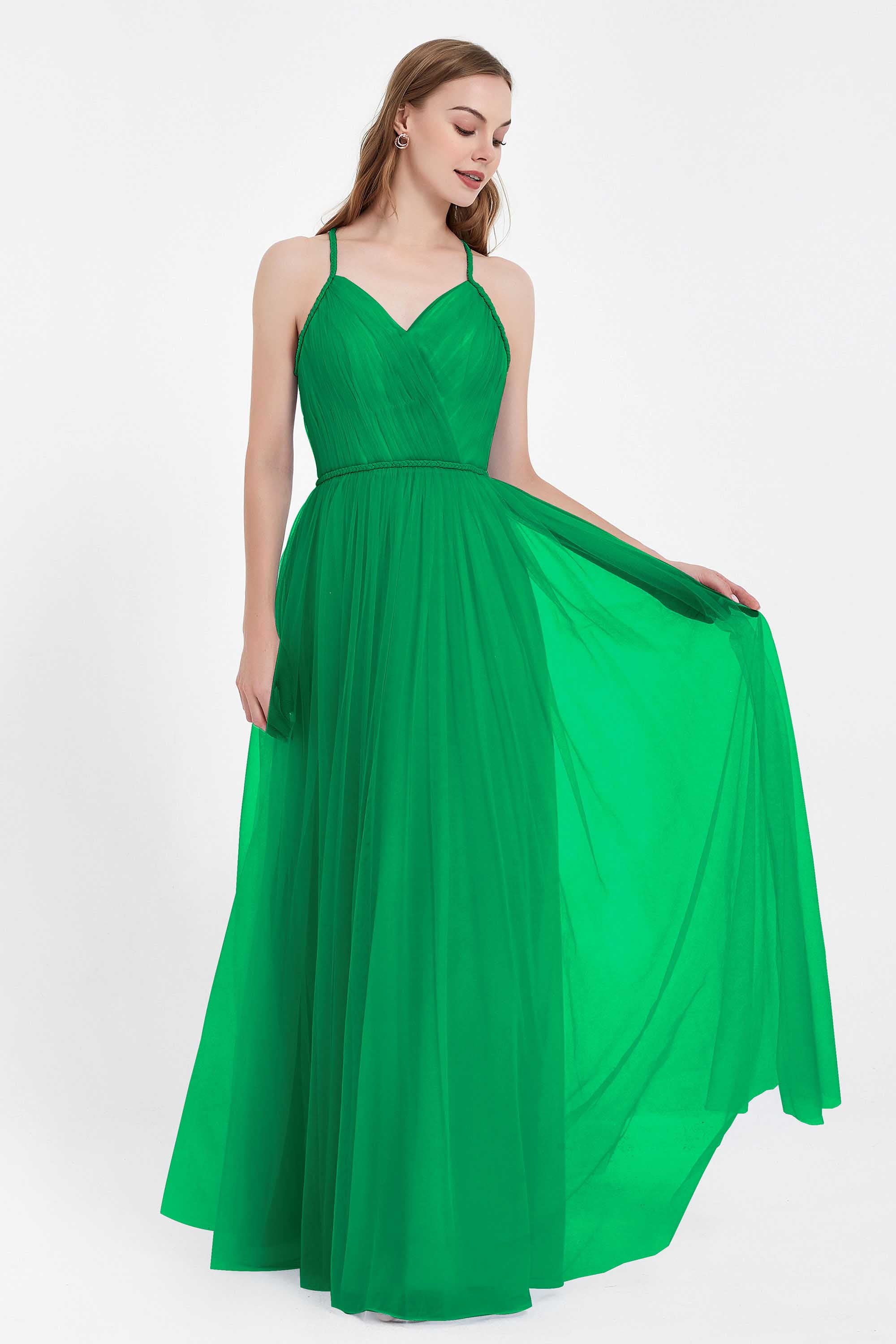 V Neck Tulle Spaghetti Straps Bridesmaid Dress Long Formal Evening Prom Dresses Gowns
