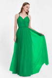 V Neck Tulle Spaghetti Straps Bridesmaid Dress Long Formal Evening Prom Dresses Gowns