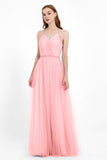 V Neck Tulle Spaghetti Straps Bridesmaid Dress Long Formal Evening Prom Dresses Gowns