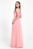 V Neck Tulle Spaghetti Straps Bridesmaid Dress Long Formal Evening Prom Dresses Gowns