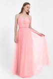 V Neck Tulle Spaghetti Straps Bridesmaid Dress Long Formal Evening Prom Dresses Gowns