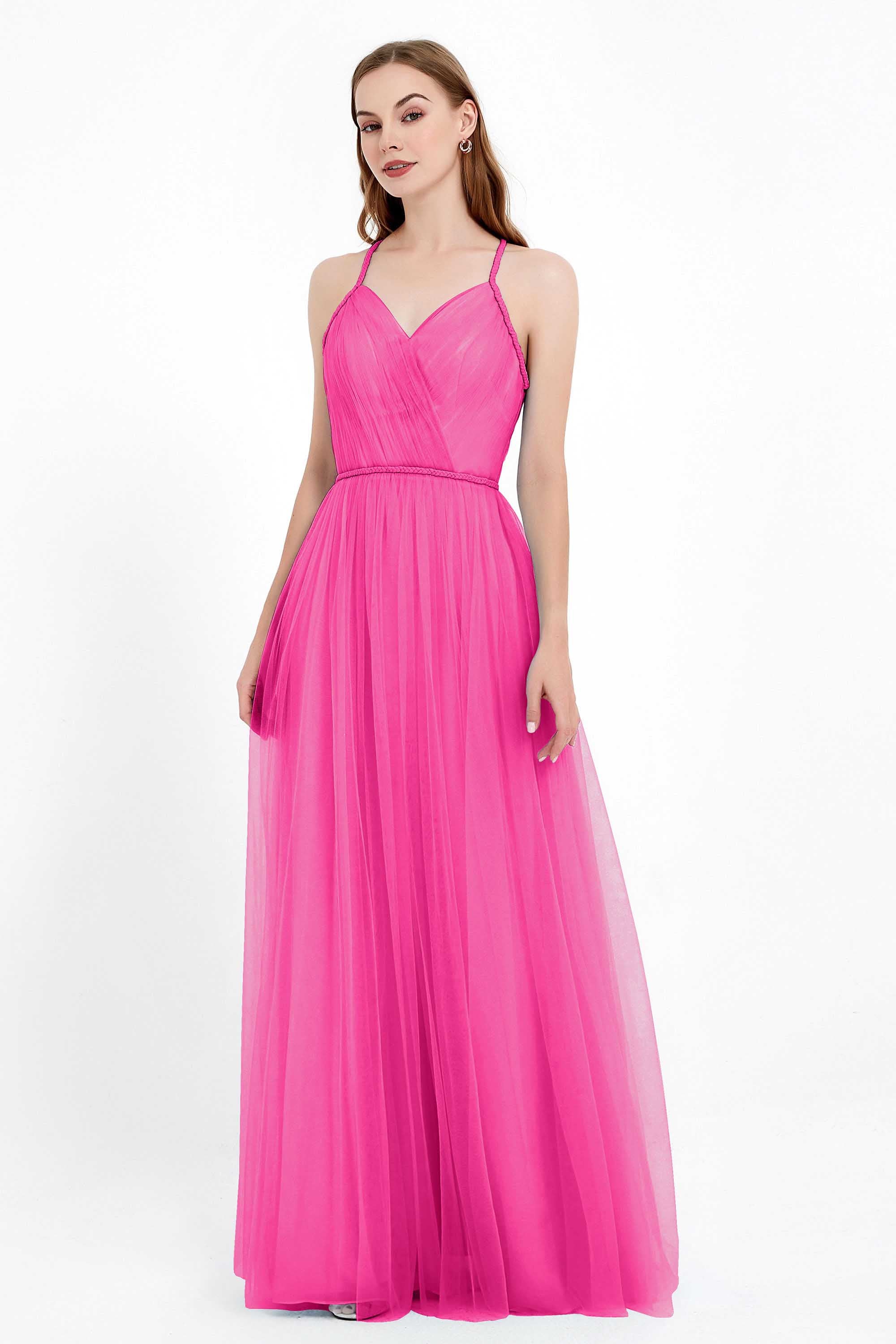 V Neck Tulle Spaghetti Straps Bridesmaid Dress Long Formal Evening Prom Dresses Gowns