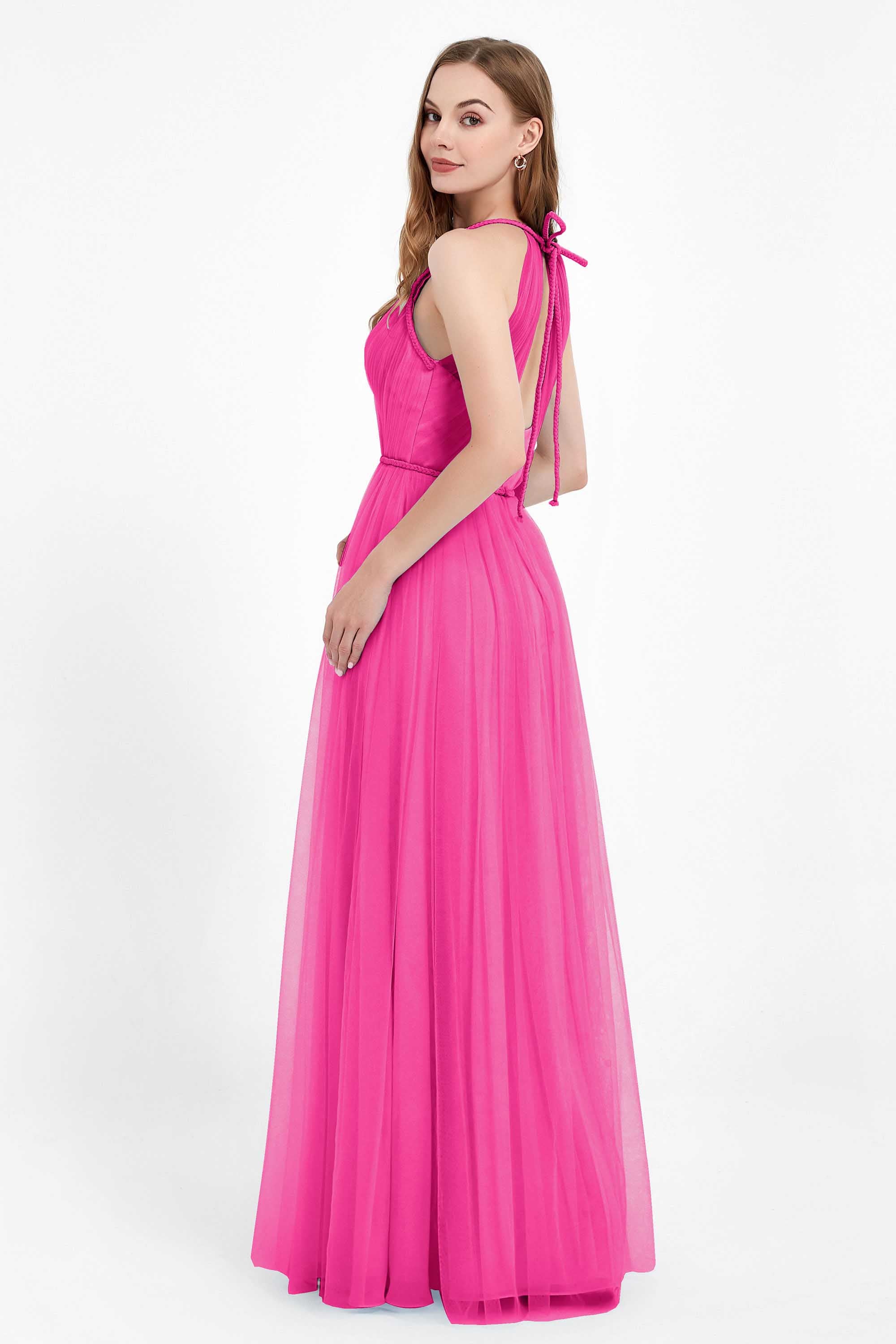 V Neck Tulle Spaghetti Straps Bridesmaid Dress Long Formal Evening Prom Dresses Gowns