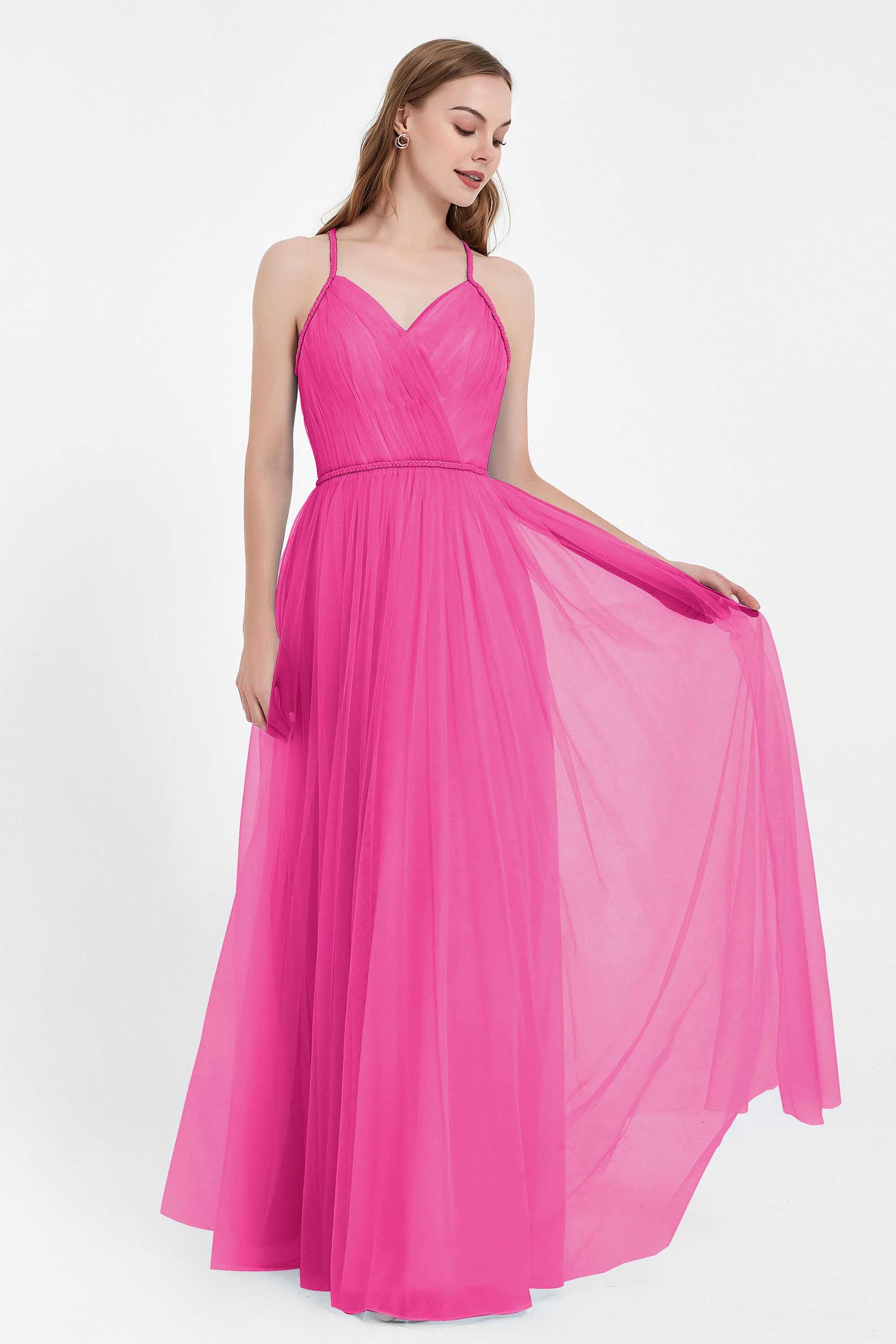 V Neck Tulle Spaghetti Straps Bridesmaid Dress Long Formal Evening Prom Dresses Gowns