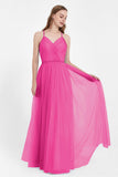 V Neck Tulle Spaghetti Straps Bridesmaid Dress Long Formal Evening Prom Dresses Gowns