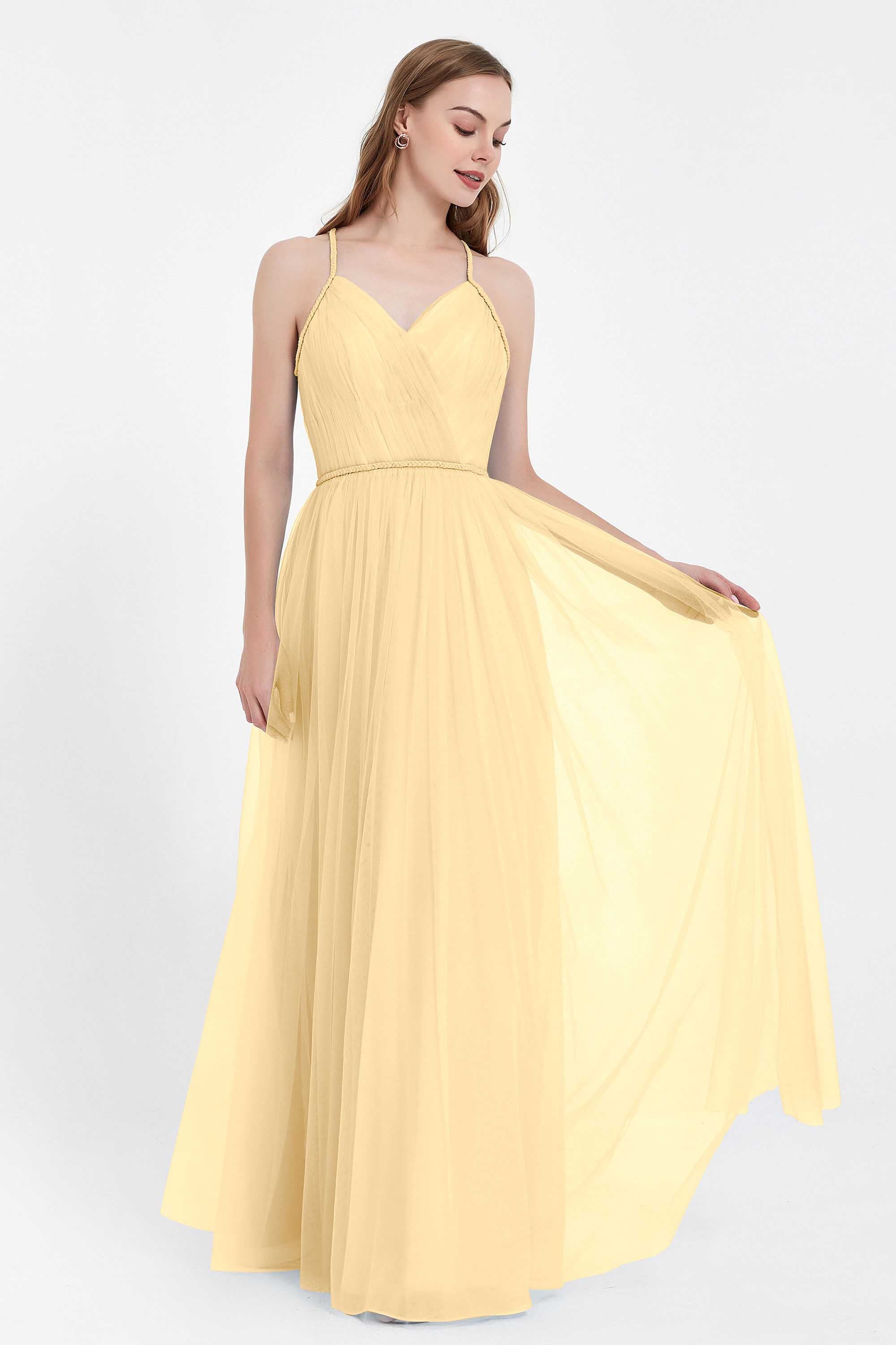 V Neck Tulle Spaghetti Straps Bridesmaid Dress Long Formal Evening Prom Dresses Gowns