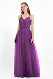 V Neck Tulle Spaghetti Straps Bridesmaid Dress Long Formal Evening Prom Dresses Gowns