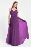 V Neck Tulle Spaghetti Straps Bridesmaid Dress Long Formal Evening Prom Dresses Gowns