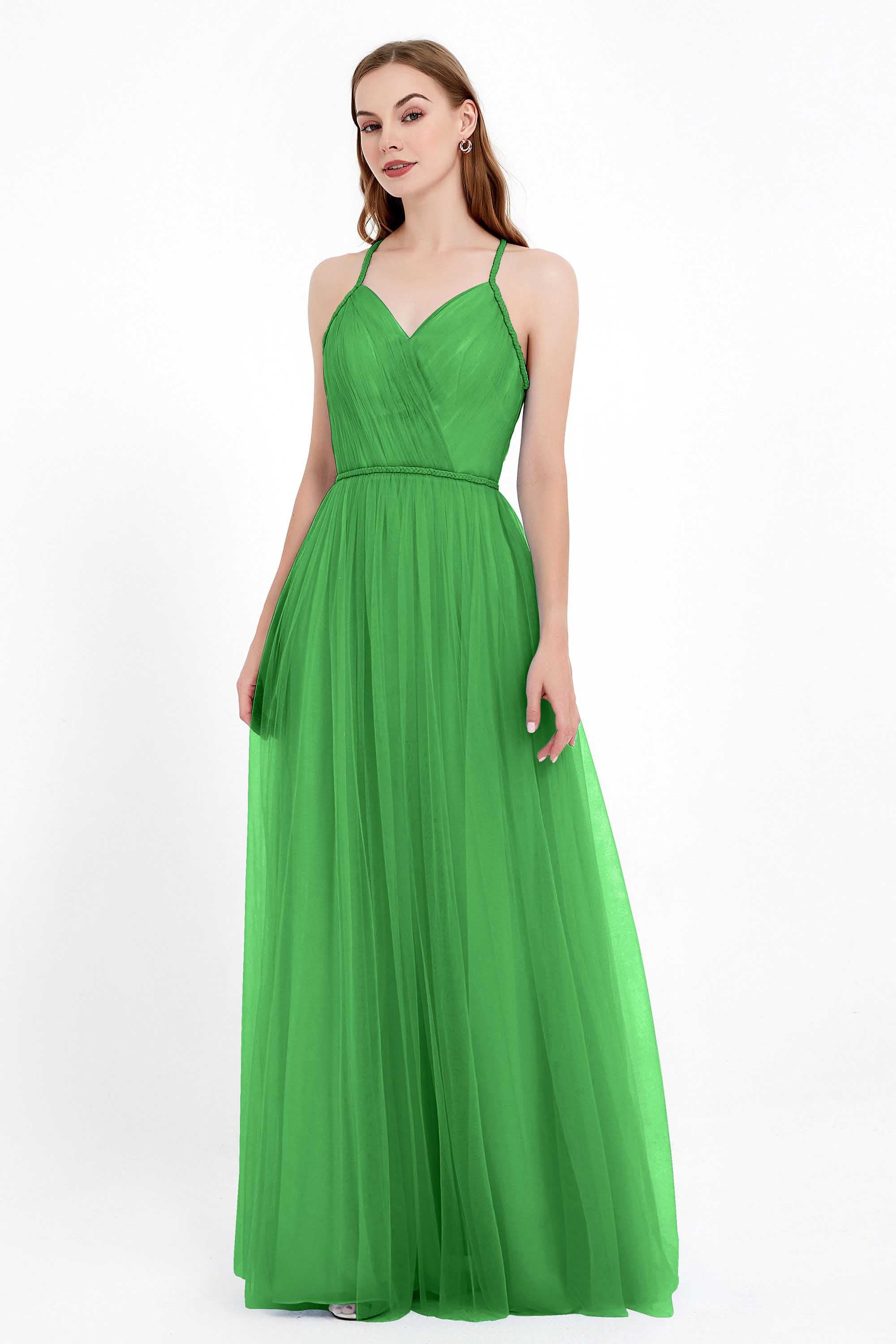 V Neck Tulle Spaghetti Straps Bridesmaid Dress Long Formal Evening Prom Dresses Gowns