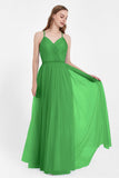 V Neck Tulle Spaghetti Straps Bridesmaid Dress Long Formal Evening Prom Dresses Gowns