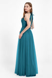 V Neck Tulle Spaghetti Straps Bridesmaid Dress Long Formal Evening Prom Dresses Gowns