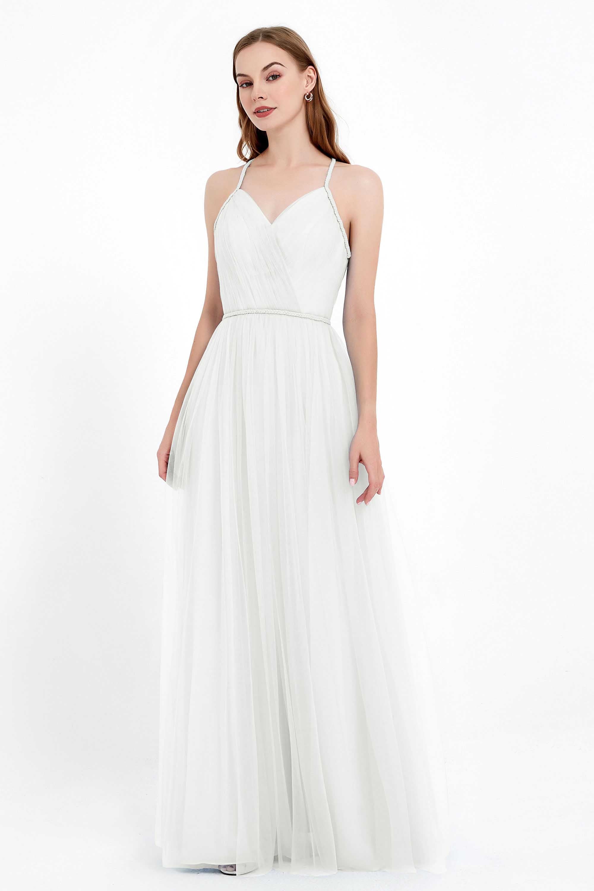 V Neck Tulle Spaghetti Straps Bridesmaid Dress Long Formal Evening Prom Dresses Gowns