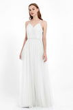V Neck Tulle Spaghetti Straps Bridesmaid Dress Long Formal Evening Prom Dresses Gowns