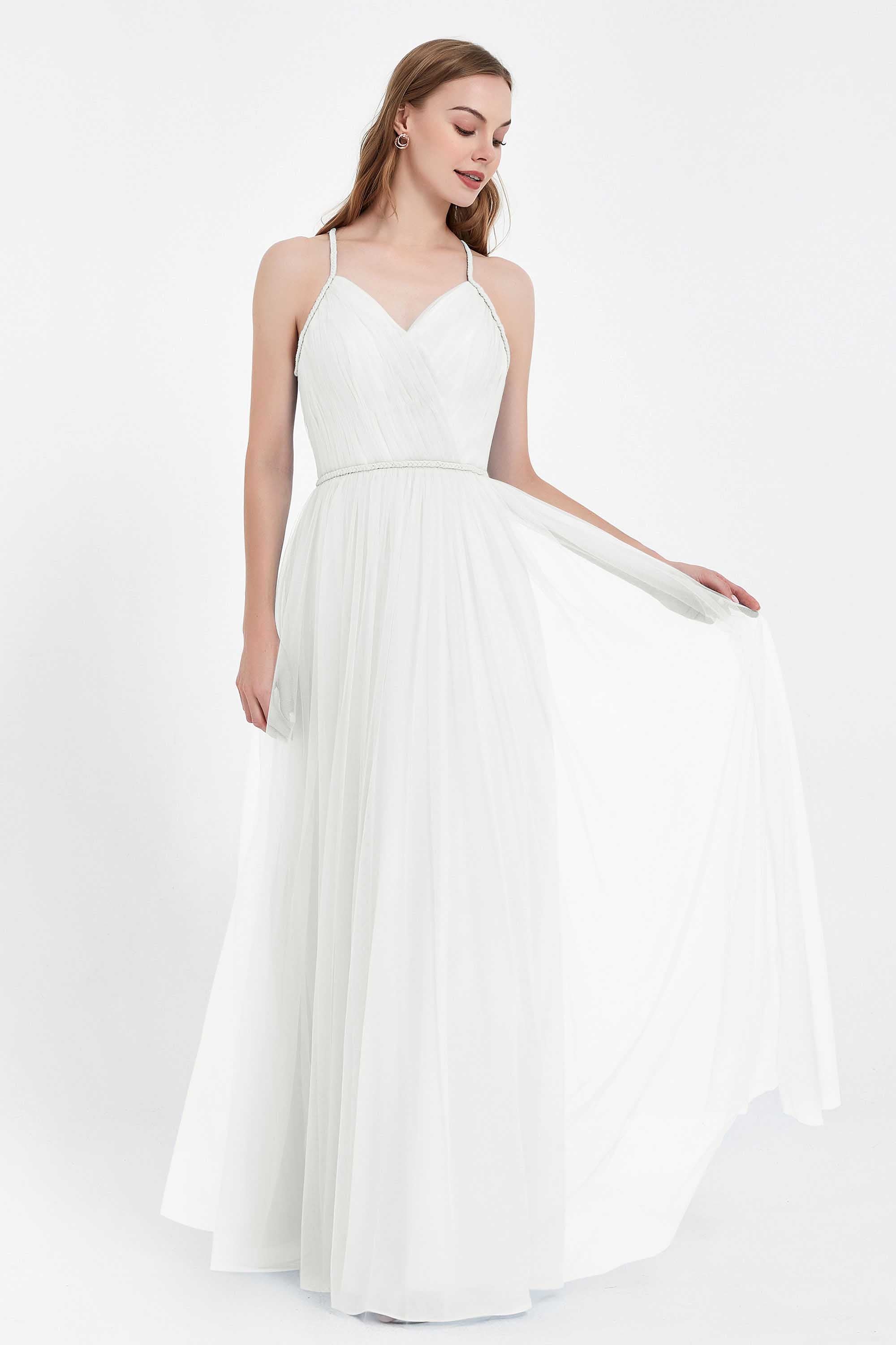 V Neck Tulle Spaghetti Straps Bridesmaid Dress Long Formal Evening Prom Dresses Gowns