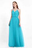 V Neck Tulle Spaghetti Straps Bridesmaid Dress Long Formal Evening Prom Dresses Gowns