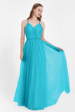 V Neck Tulle Spaghetti Straps Bridesmaid Dress Long Formal Evening Prom Dresses Gowns