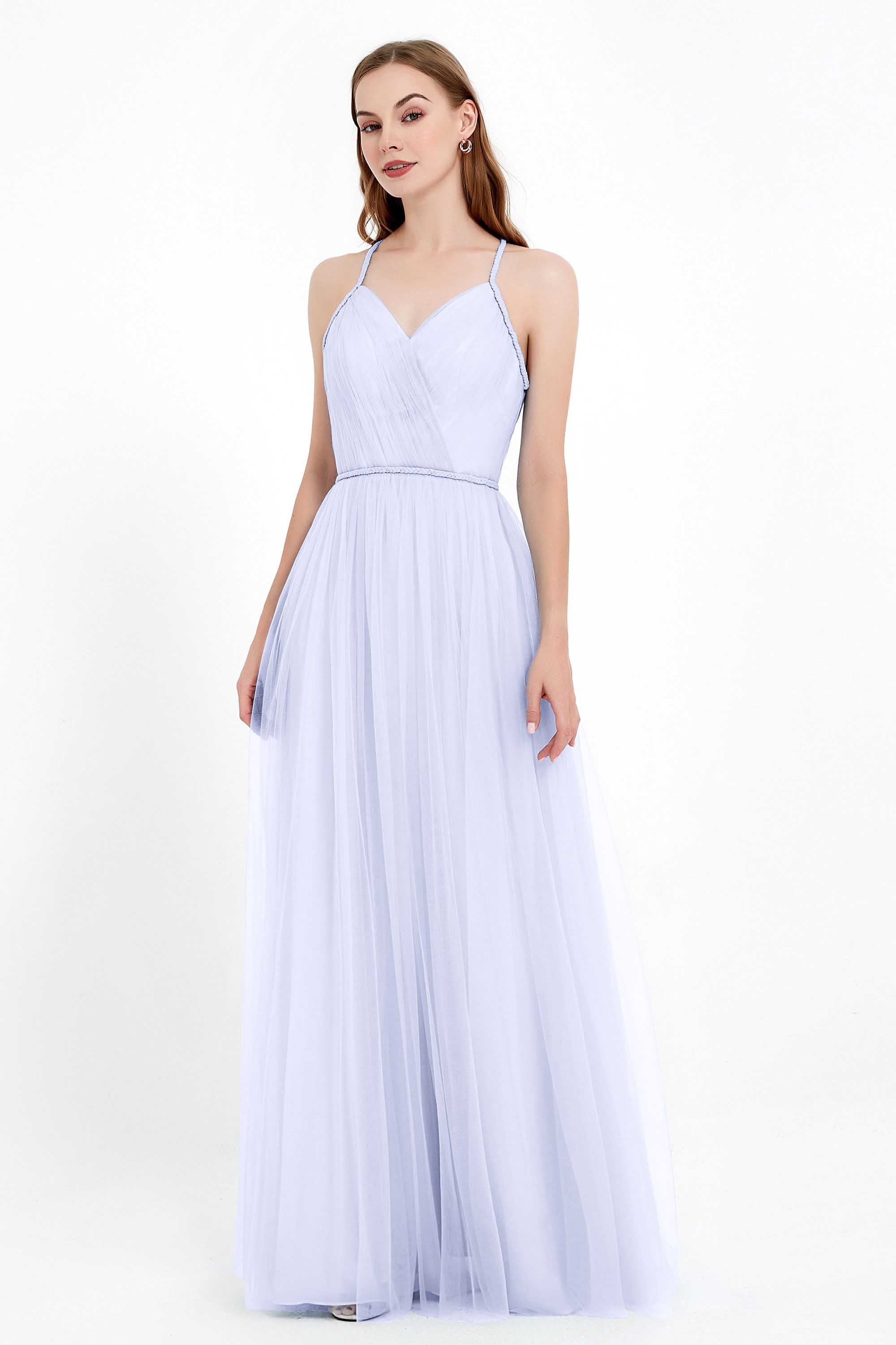 V Neck Tulle Spaghetti Straps Bridesmaid Dress Long Formal Evening Prom Dresses Gowns