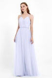V Neck Tulle Spaghetti Straps Bridesmaid Dress Long Formal Evening Prom Dresses Gowns