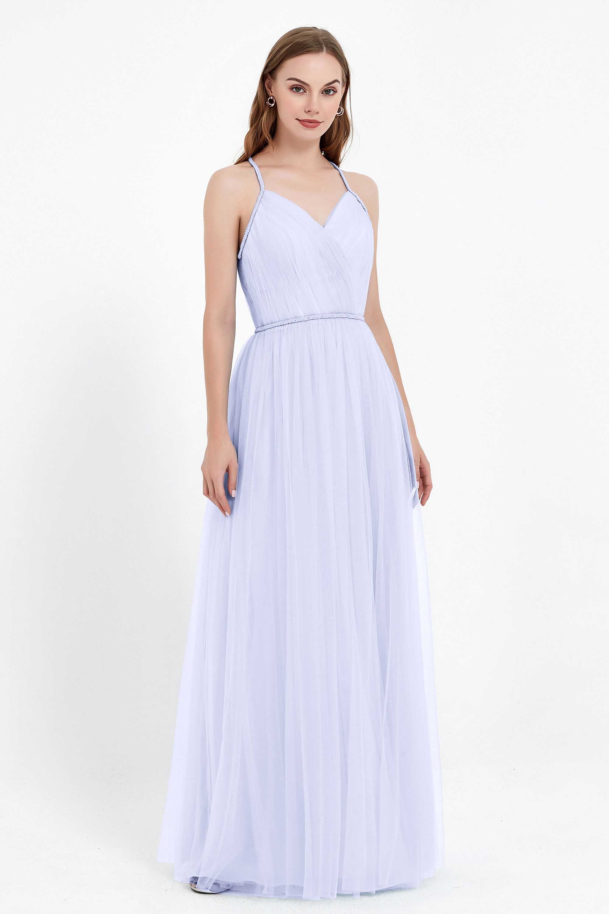V Neck Tulle Spaghetti Straps Bridesmaid Dress Long Formal Evening Prom Dresses Gowns