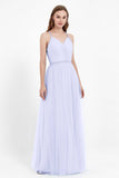 V Neck Tulle Spaghetti Straps Bridesmaid Dress Long Formal Evening Prom Dresses Gowns