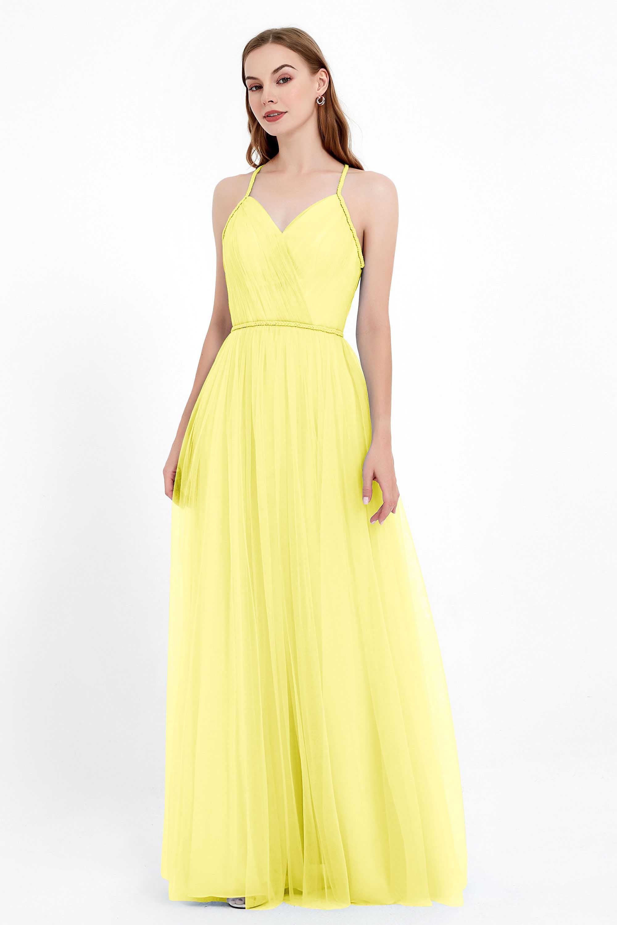 V Neck Tulle Spaghetti Straps Bridesmaid Dress Long Formal Evening Prom Dresses Gowns